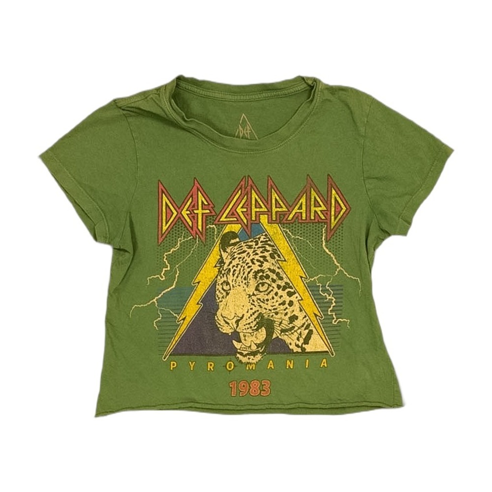 Def Leppard Graphic Tee Womens S Green Excellent Pyromania 1983 Cropped Shirt